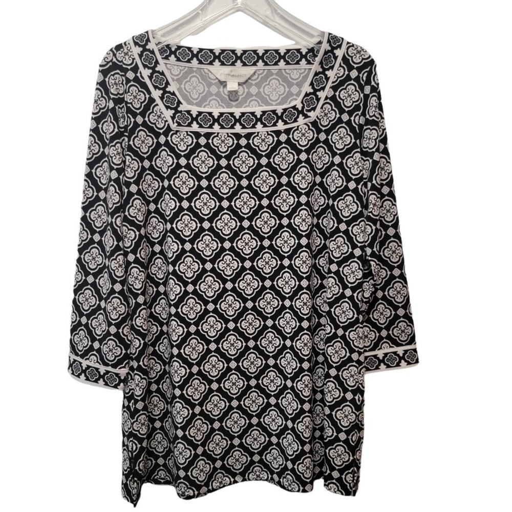 Magnolia Grace Stitch Fix Blouse Black White Print Square‎ Neck Womens Large EUC